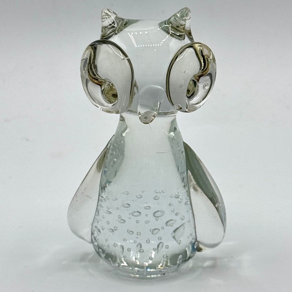 MCM Art Glass Owl Figurine‎ Paperweight  Bullicante Blown Bubbles 4 Inches